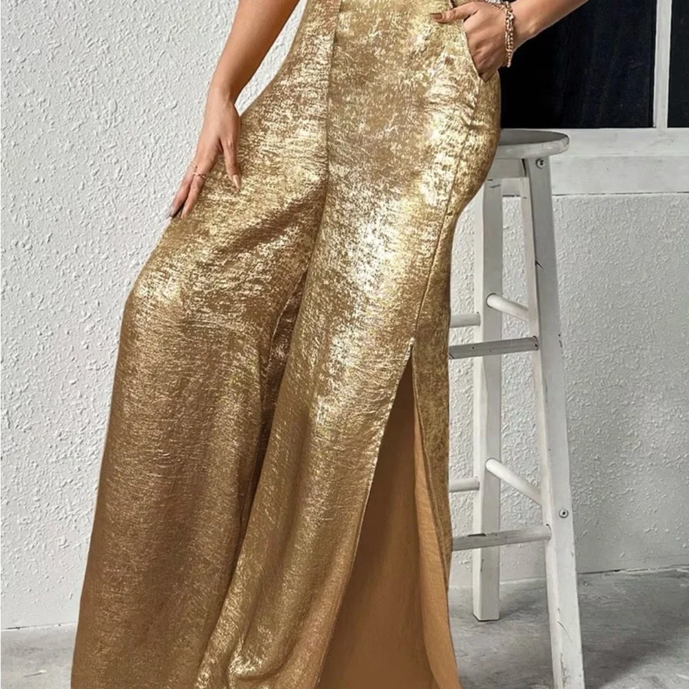 Golden Wide-Leg Metallic Palazzo Pants - Picture 5 of 9
